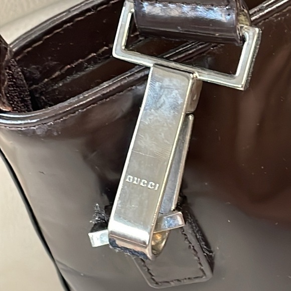 Vintage Gucci Dark Brown Patent Leather Structured Handbag 2 Way Glossy - Picture 7 of 17